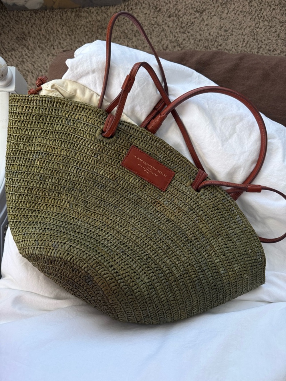 Sezane Olive Woven Tote with Brown Leather Handles